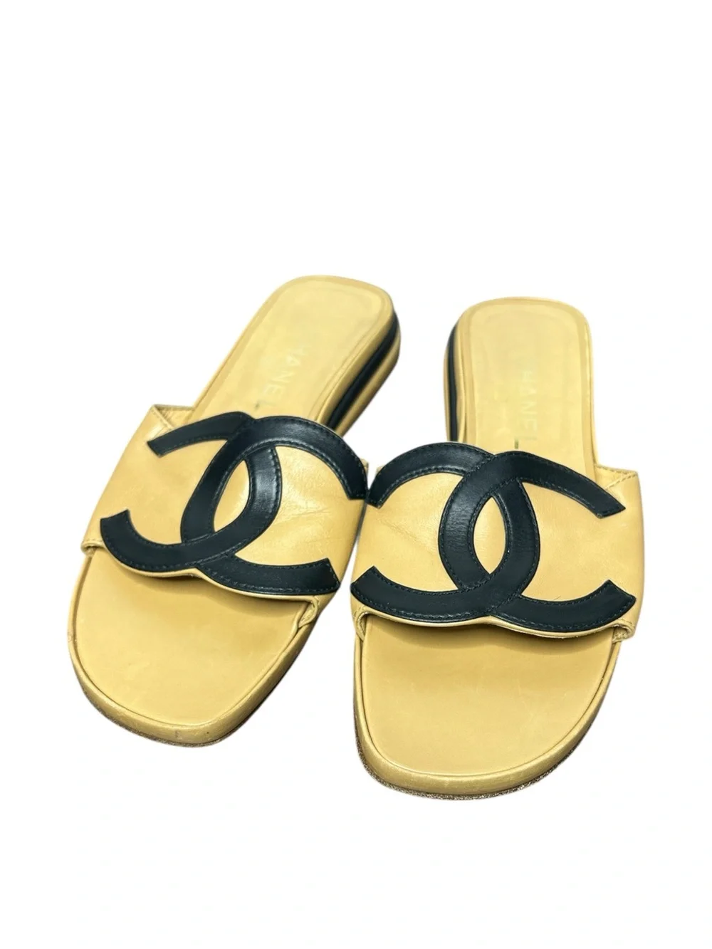 Chanel CC Logo Slide Sandals 37.5 Beige Black Leather Flat Mules Luxury Designer